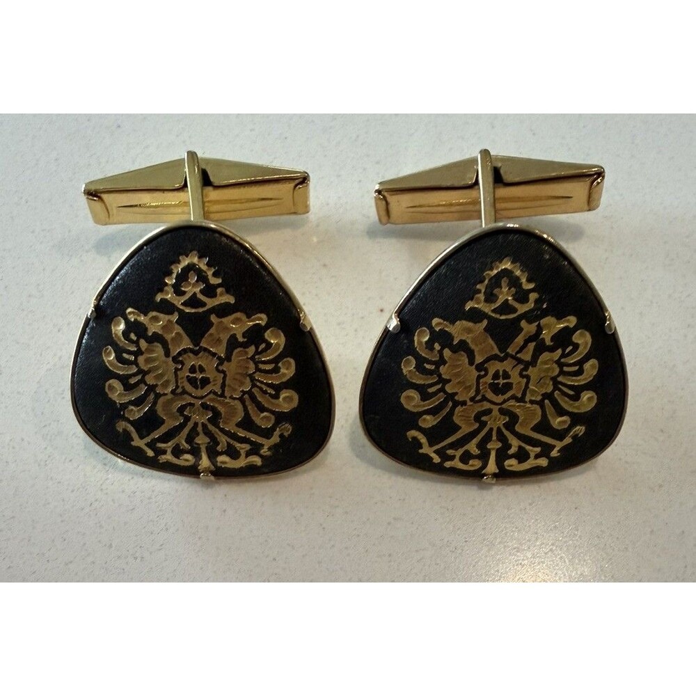 Vintage Cufflinks Double Head Eagle Damascene Gold Plate